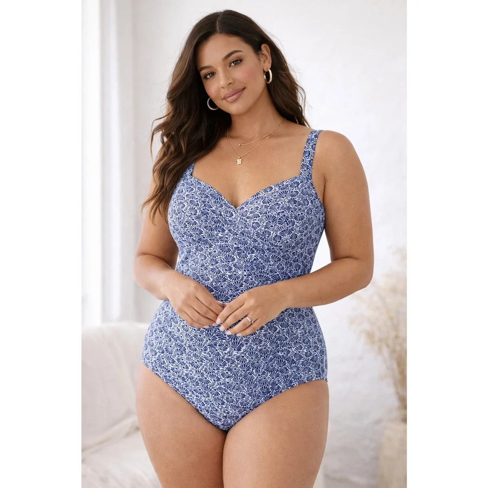 Miraclesuit Womens Sanibel One Piece Swimsuit Size 8 Blue Seashell Ruched Curvy